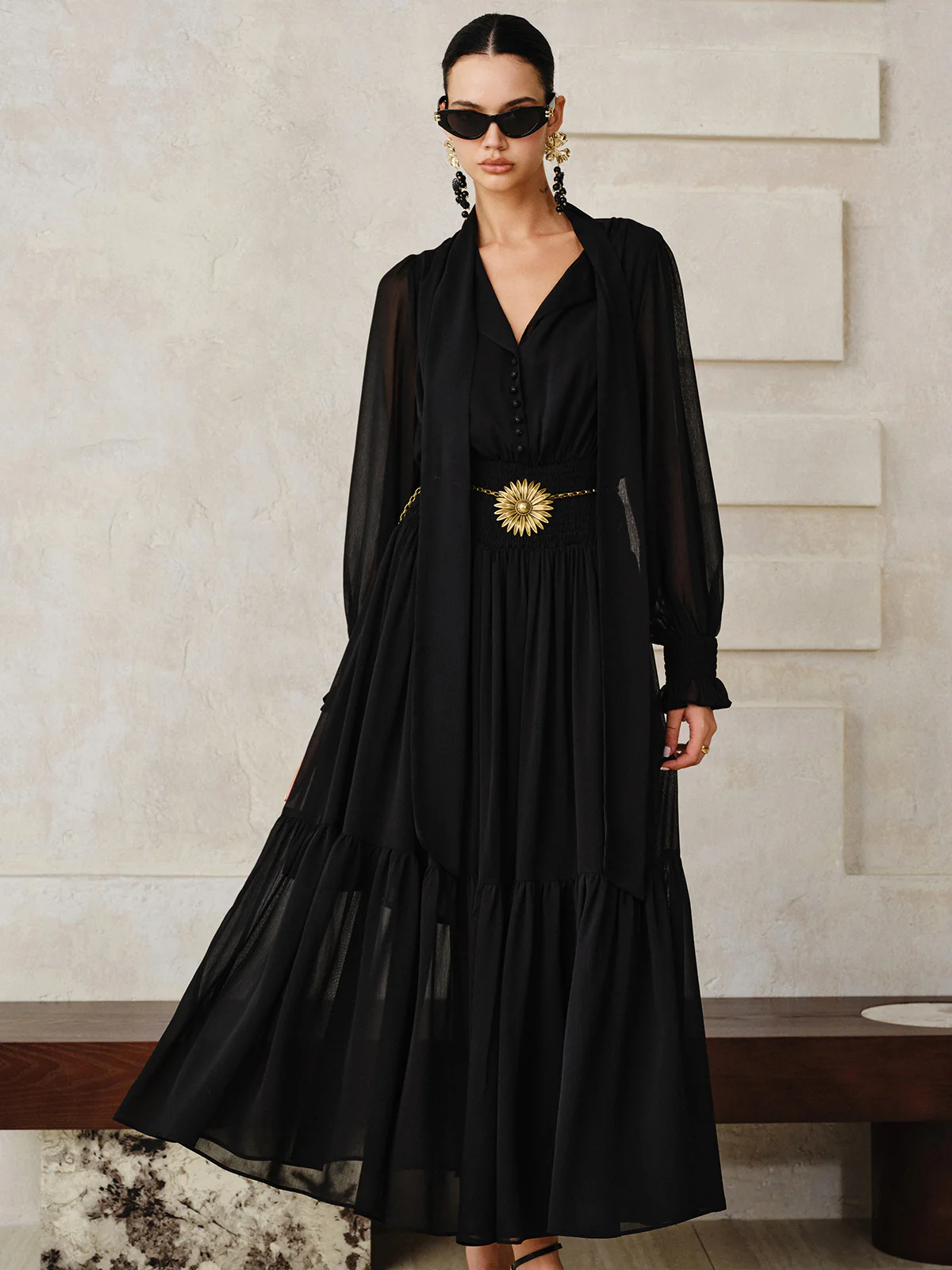 Chiffon Maxi Dresse with Scarf - Wholesalesil