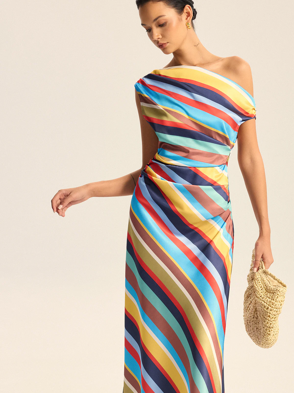 Colorful Striped One-Shoulder Maxi Dress - Wholesalesil