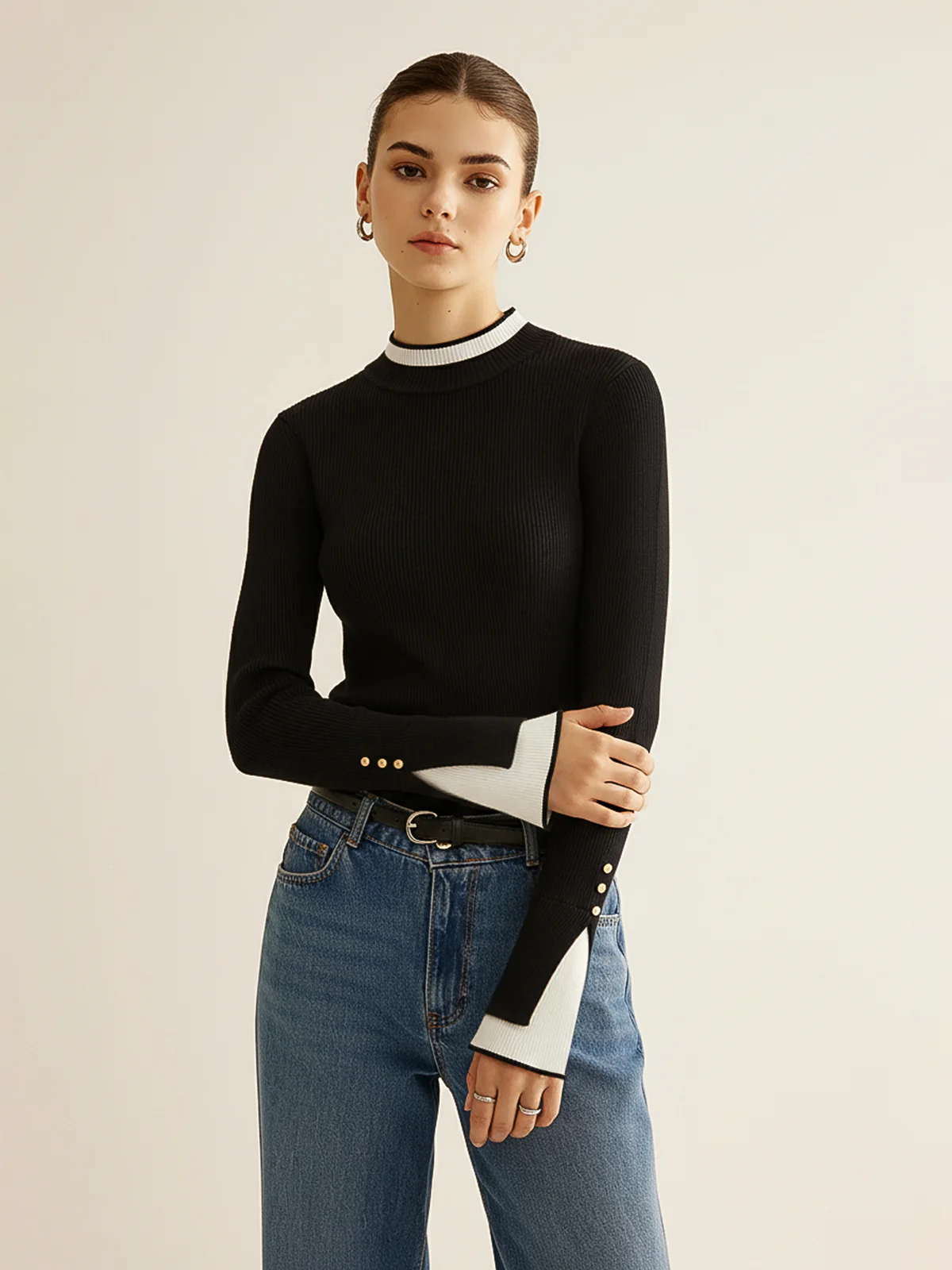 2 in 1 Contrast Cuff Mock Neck Ribbed Knit Top - Wholesalesil