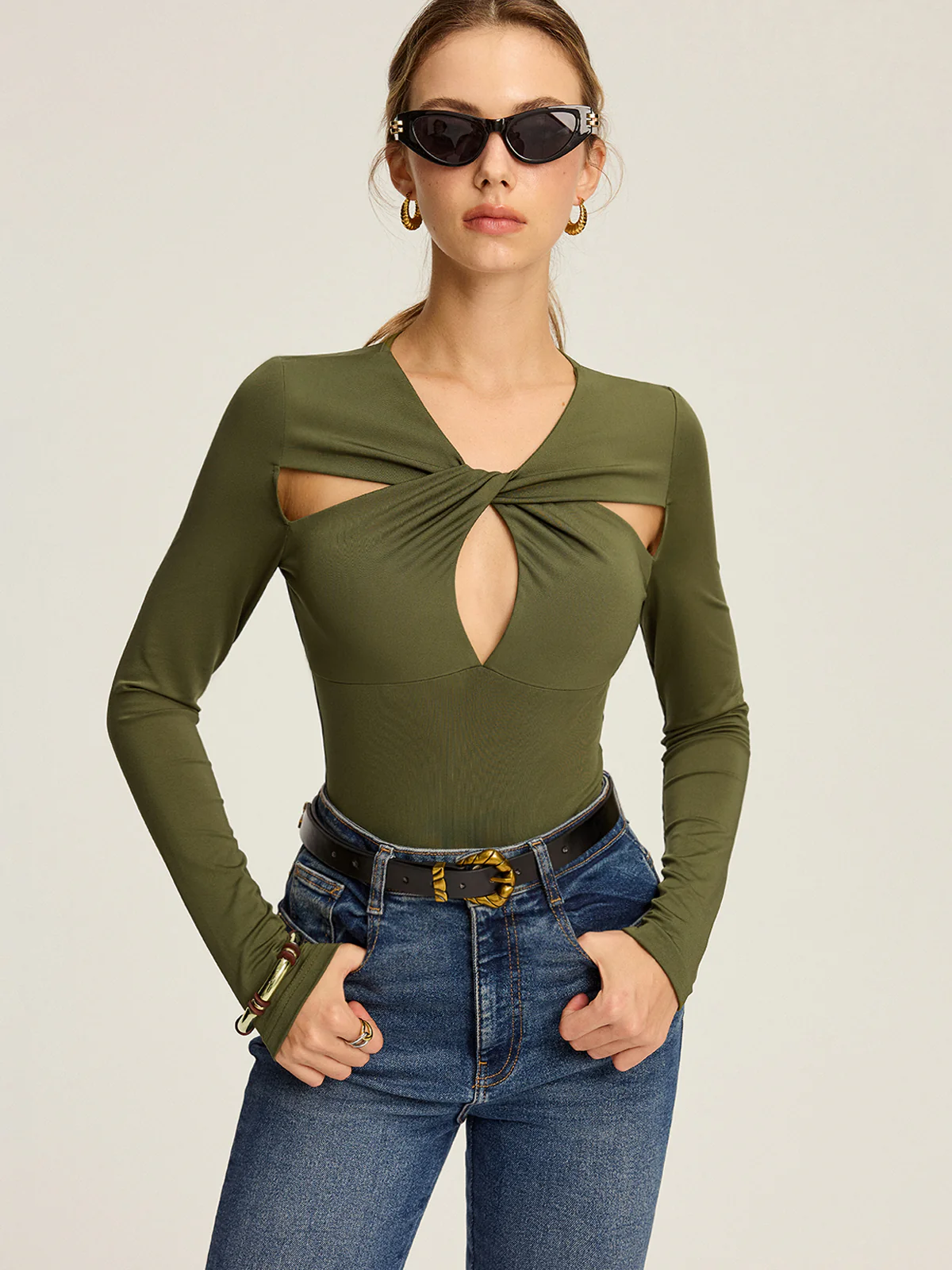 Cut-Out Twist Long Sleeve Blouse - Wholesalesil