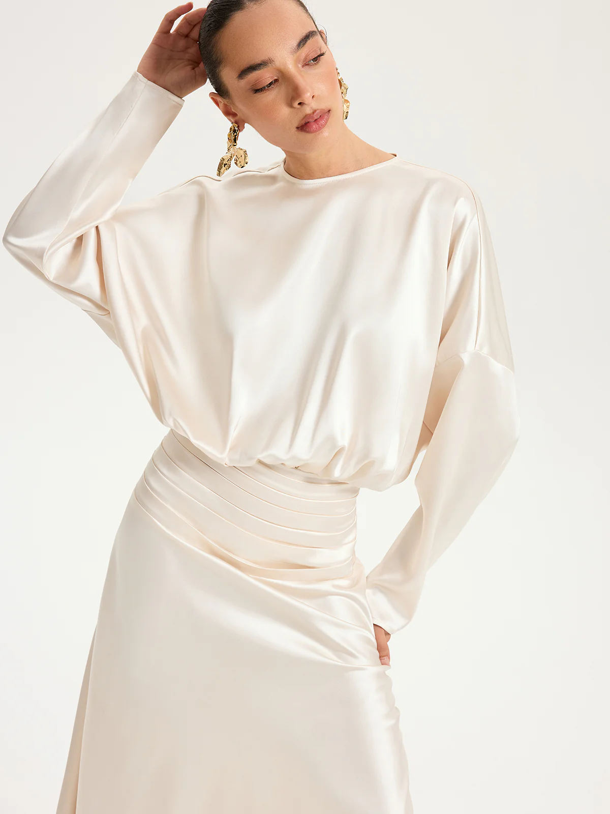 Satin Long Sleeve Pleated Waist Maxi Dress - Wholesalesil