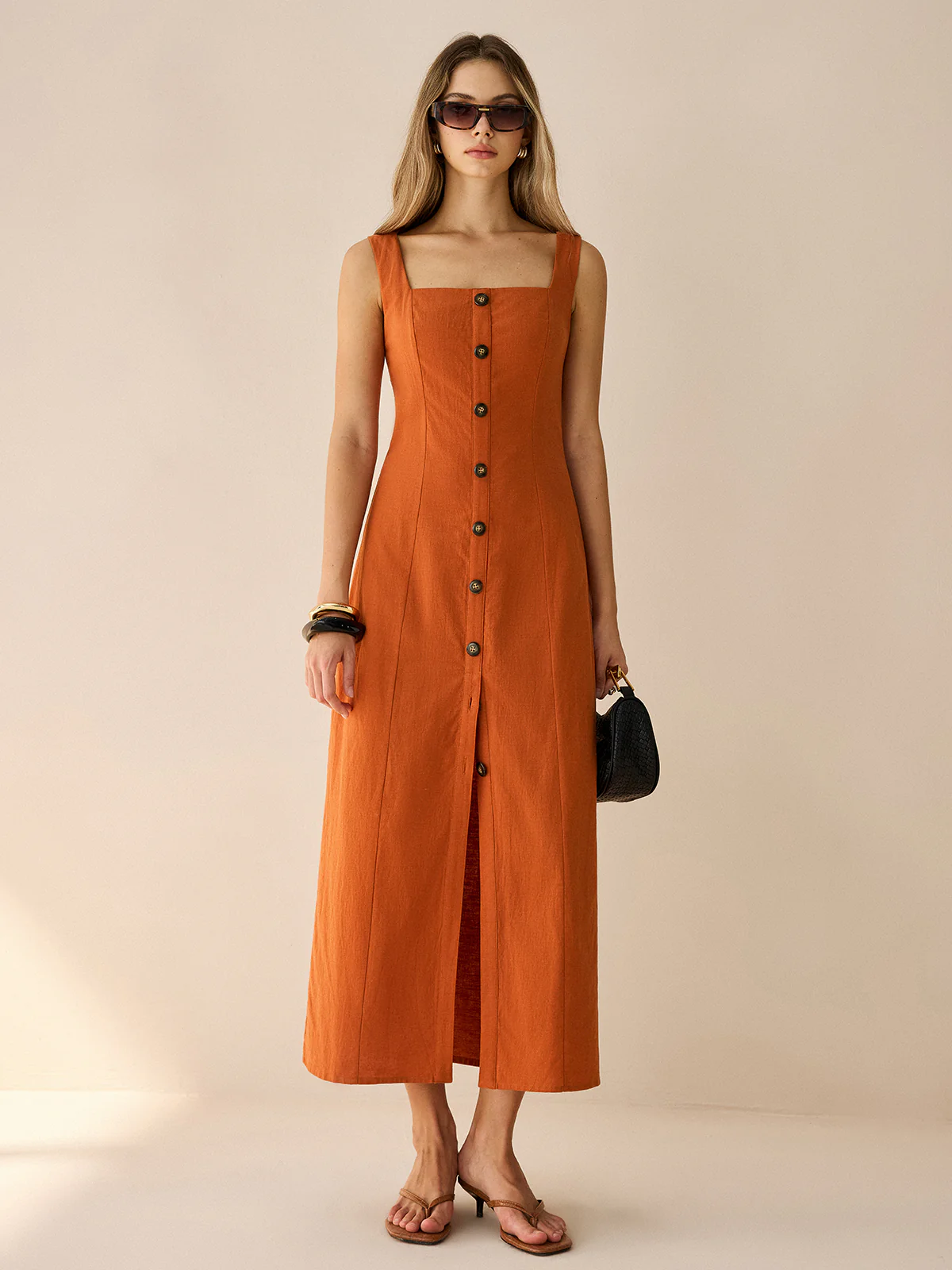 Square-Neck Button-Front Maxi Dress with Slit - Wholesalesil