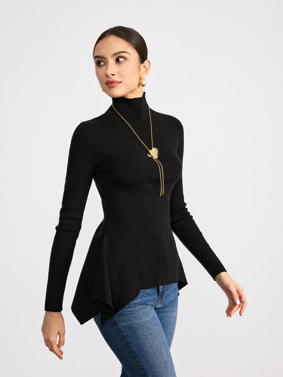 Turtleneck Asymmetric Peplum Sweater - Wholesalesil