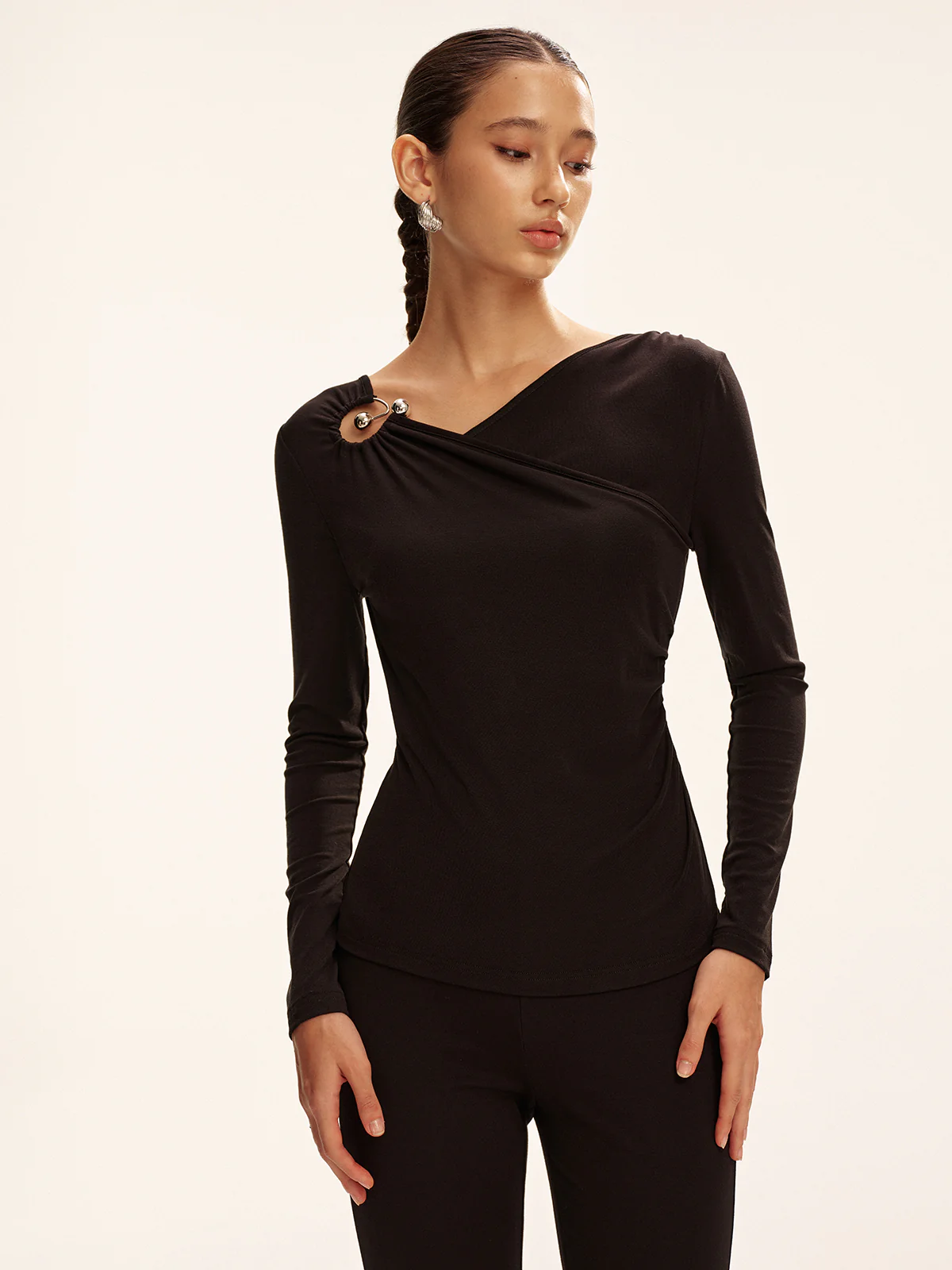 Asymmetric Cut-Out Long-Sleeve T-Shirt - Wholesalesil