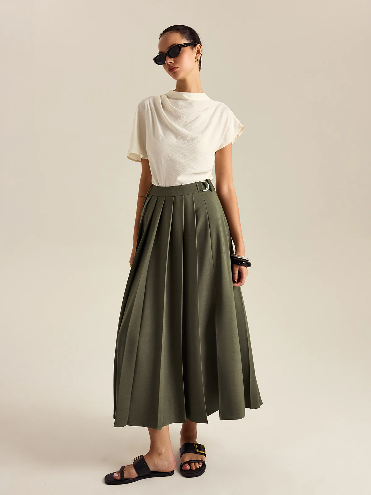 Pleated Midi Skirt with Side Slit - Wholesalesil