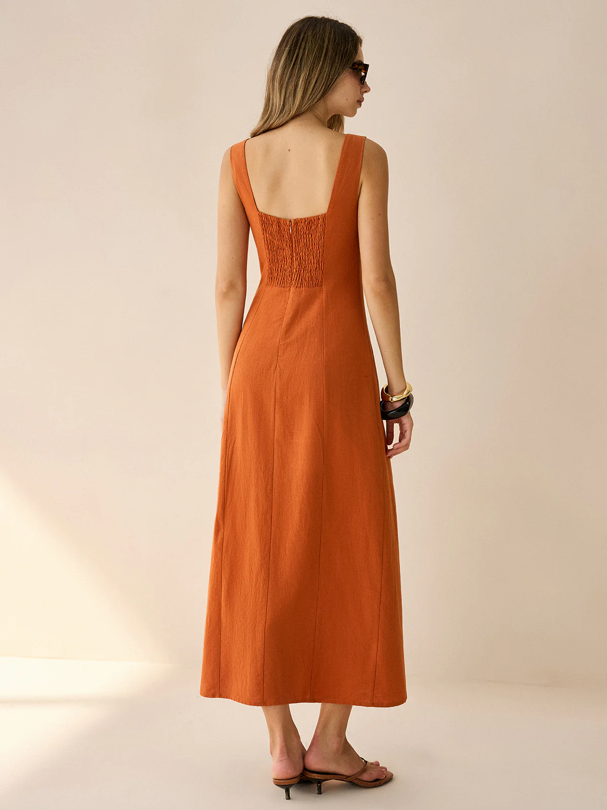 Square-Neck Button-Front Maxi Dress with Slit - Wholesalesil