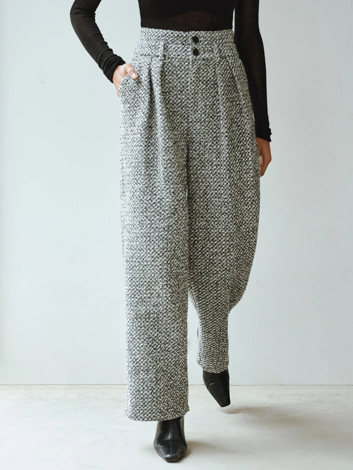 Wool Blend Double Waistband Tweed Pants - Wholesalesil
