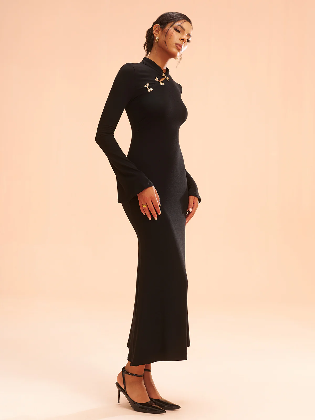 Metal Bow Detail Stand Collar Maxi Dress - Wholesalesil