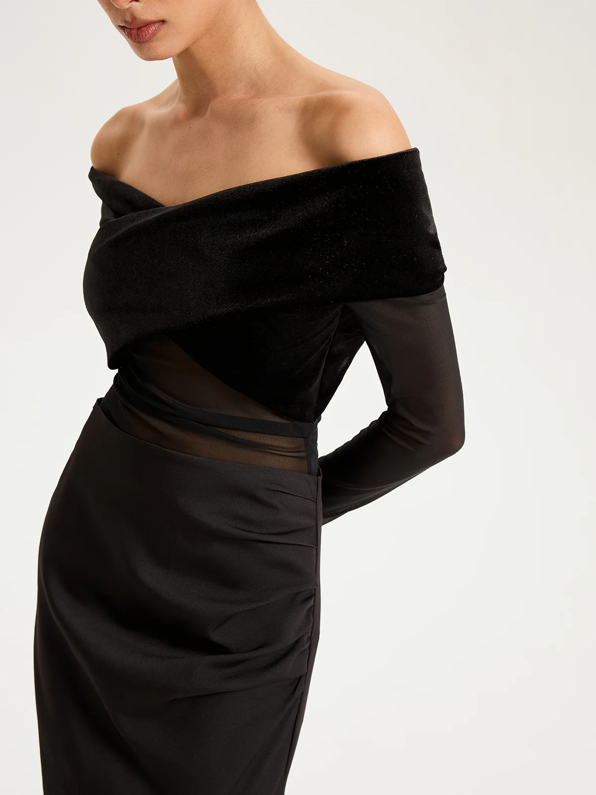 Mesh Paneled Velvet Off-Shoulder Long Sleeve Top - Wholesalesil