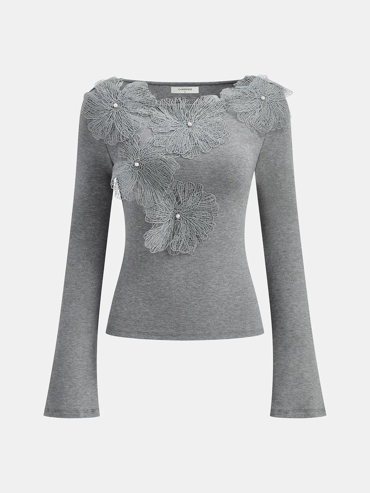 Faux Pearl Decor 3D Floral Fitted Soft Knit Top - Wholesalesil