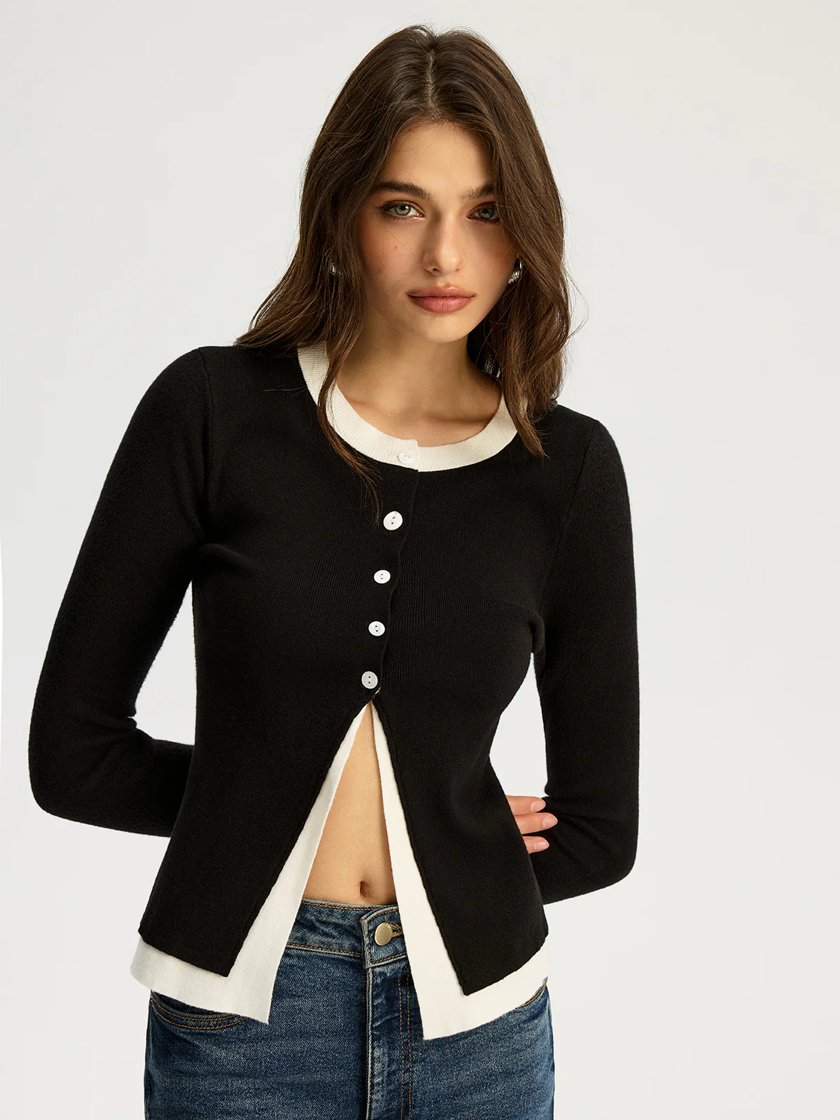 2 in 1 Contrast Trim Slit Knit Top - Wholesalesil