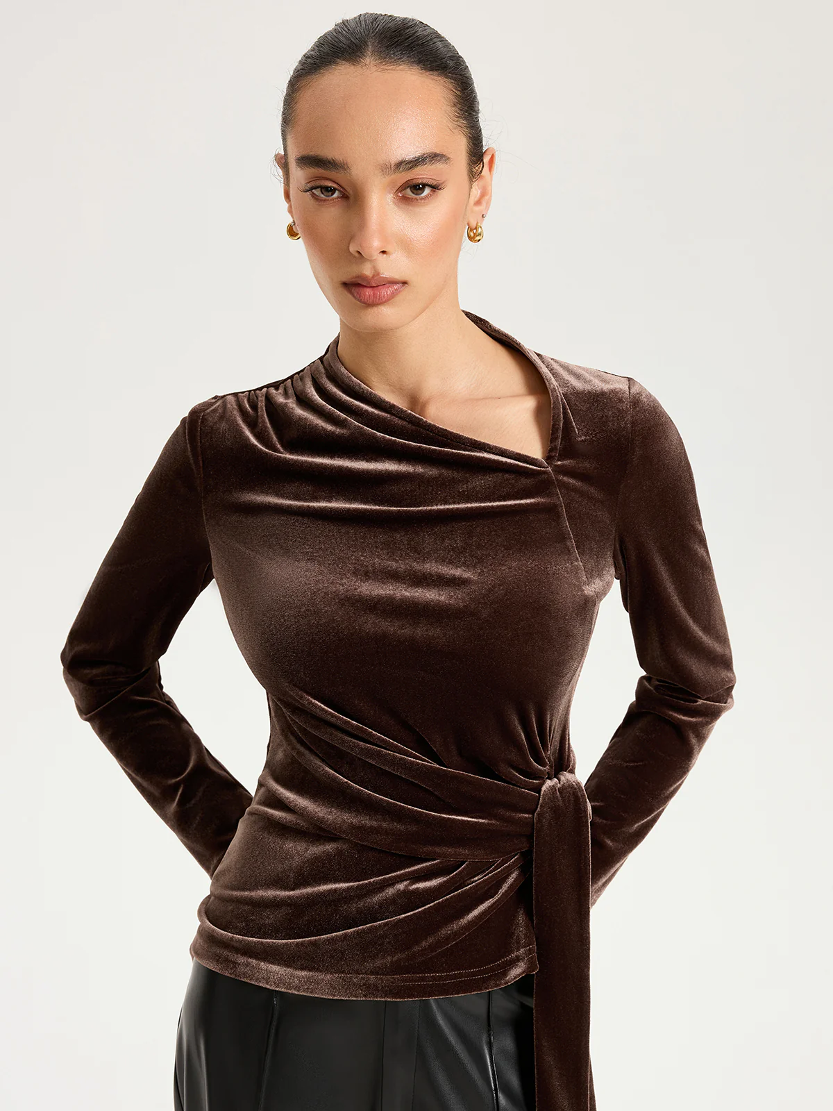 Long Sleeve Knot-Tie Velvet Asymmetric Top - Wholesalesil