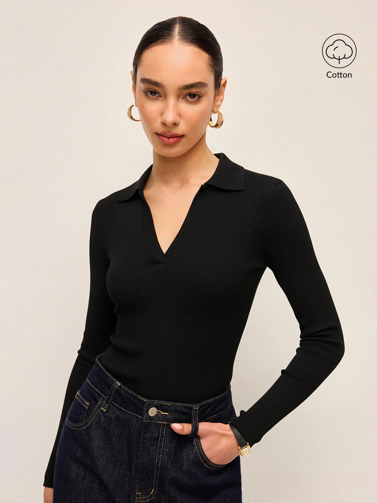 Polo V-Neck Ribbed Cotton Blend T-Shirt - Wholesalesil