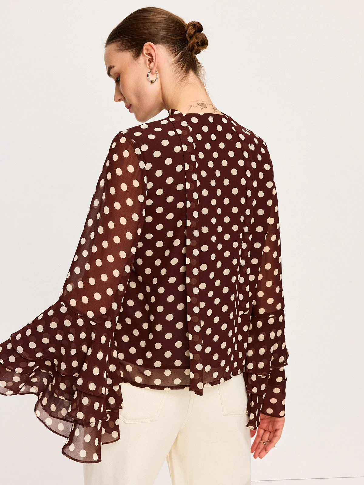 Semi-Sheer Polka Dot Bell-Sleeve Chiffon Blouse - Wholesalesil