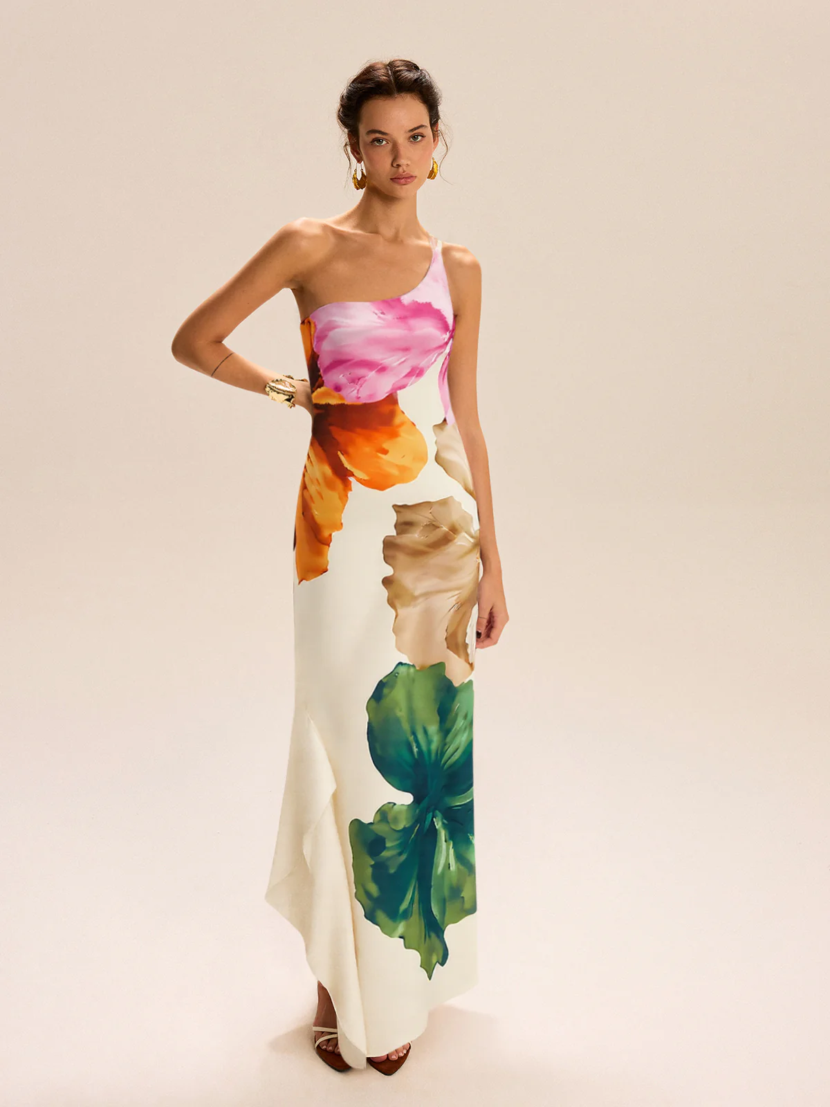 Asymmetric One-Shoulder Floral Print Maxi Dress - Wholesalesil