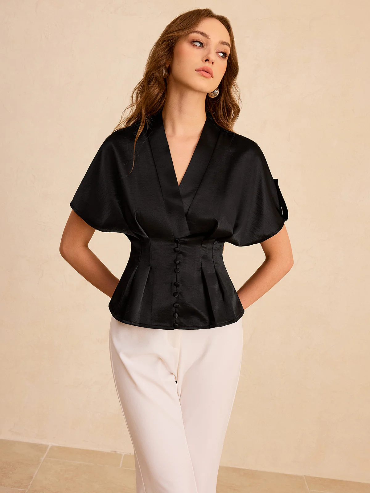 Satin Pleated Button Peplum Top - Wholesalesil