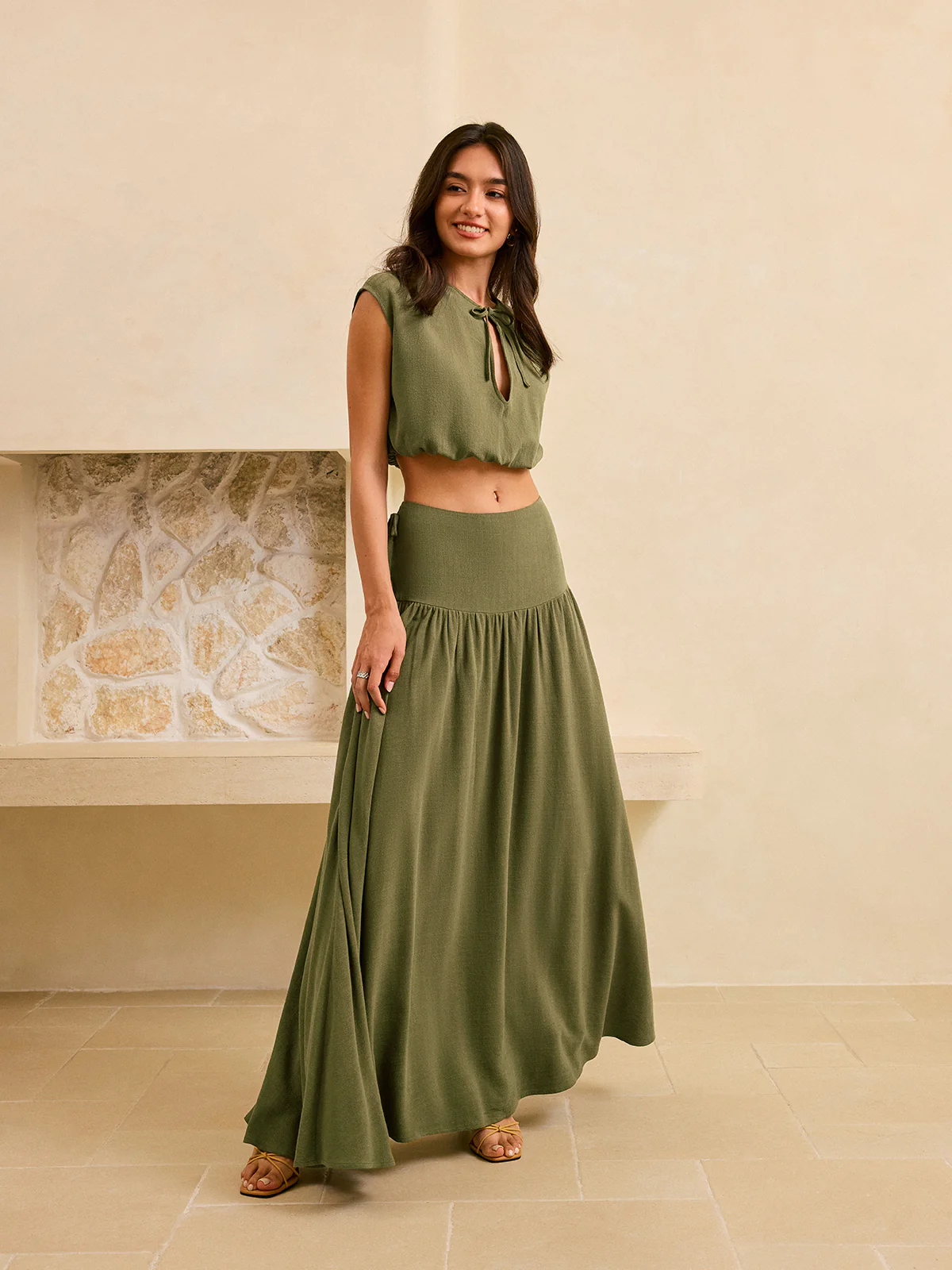 Tie-Detail Crop Top and Maxi Ruffled Skirt Set - Wholesalesil