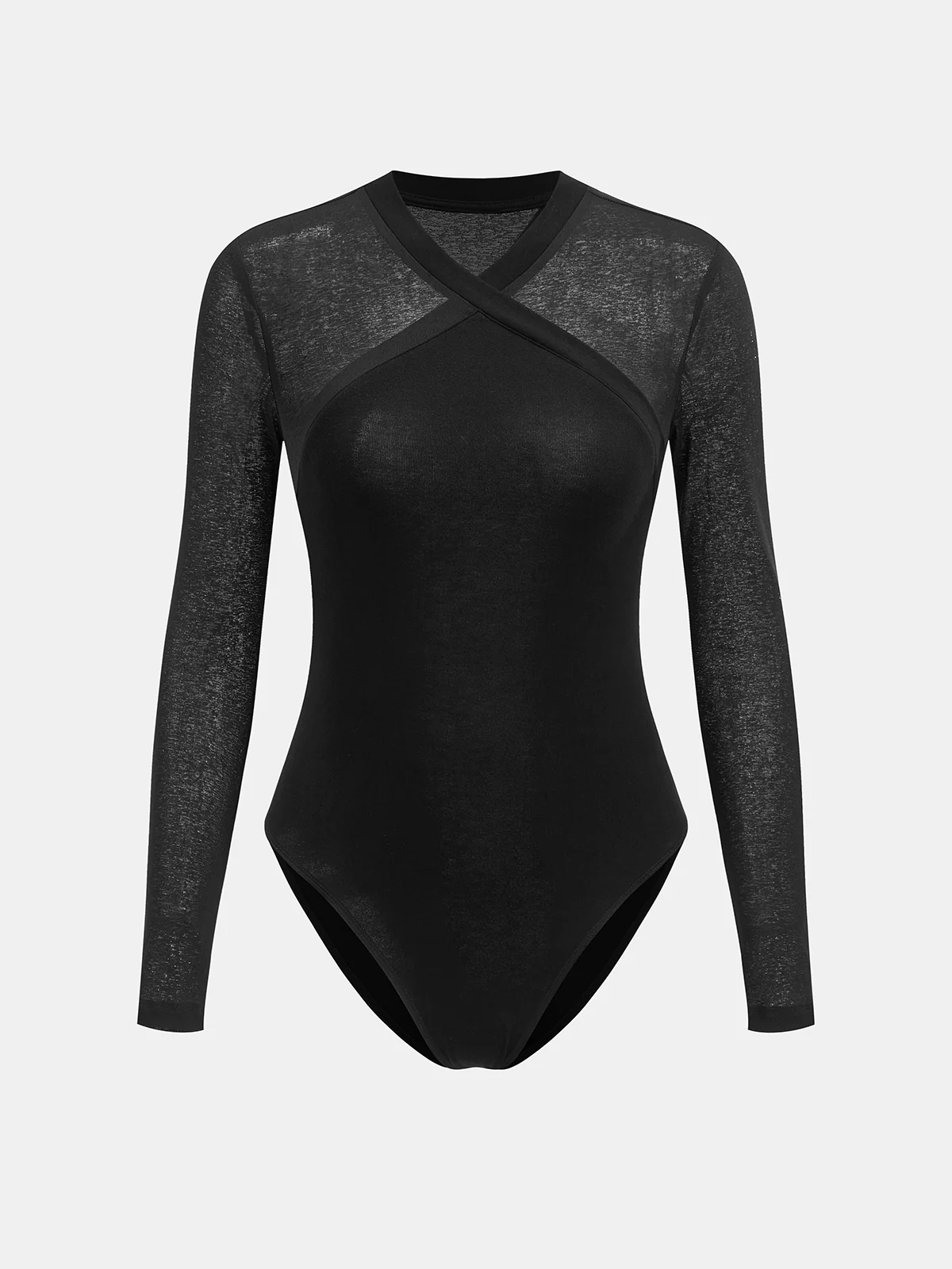 Sheer Panel Cross-Front Long Sleeve Bodysuit - Wholesalesil
