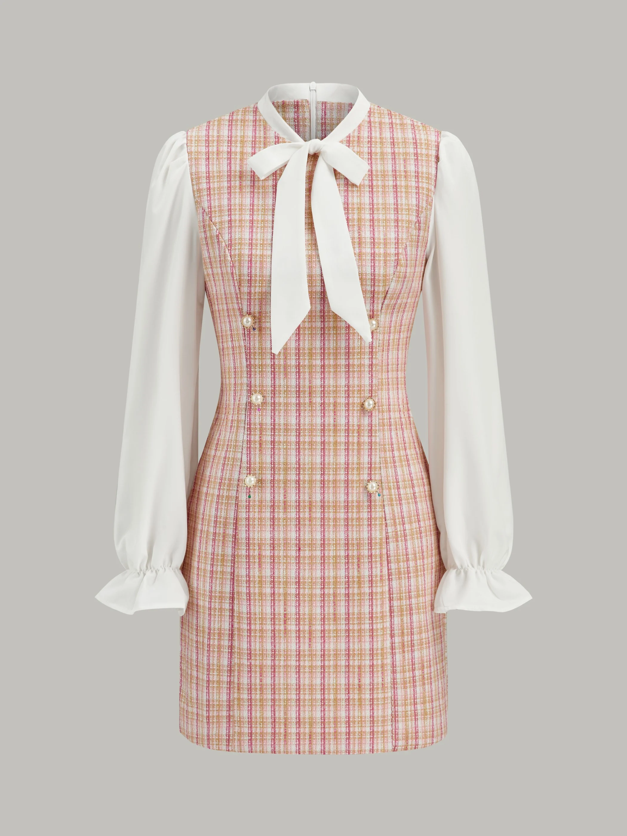 Bow Neckline Tweed Paneled Mini Dress - Wholesalesil