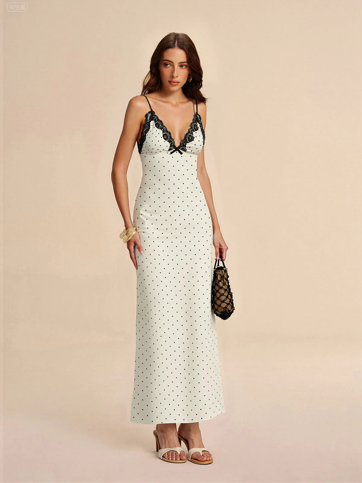 Lace Trim Polka Dot Cami Midi Dress - Wholesalesil