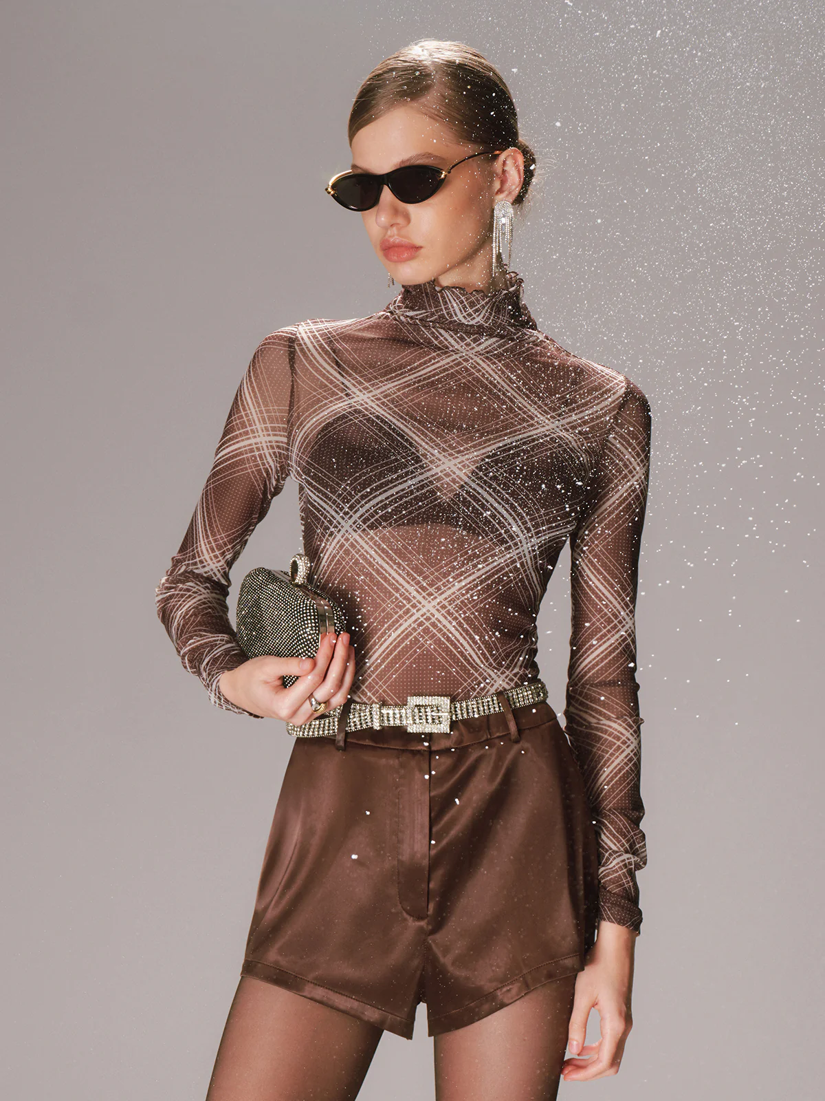 Turtleneck Sheer Mesh Plaid Long Sleeve Top - Wholesalesil