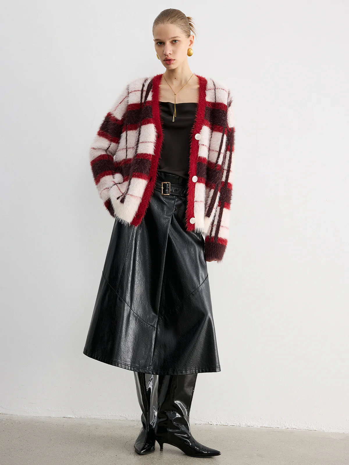 Knit Fluffy Checkered Cardigan - Wholesalesil