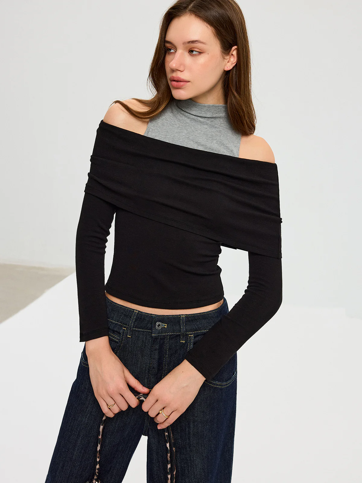 2 in 1 Contrast Panel Mock Neck Long Sleeve T-Shirt - Wholesalesil