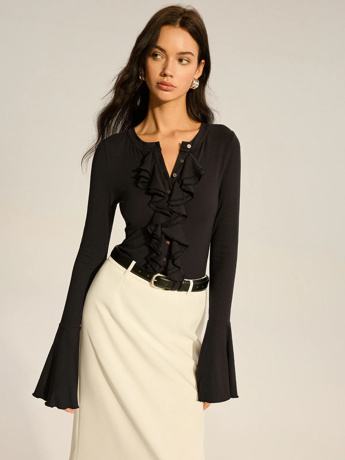 Flared Sleeve Ruffled Button T-Shirt - Wholesalesil