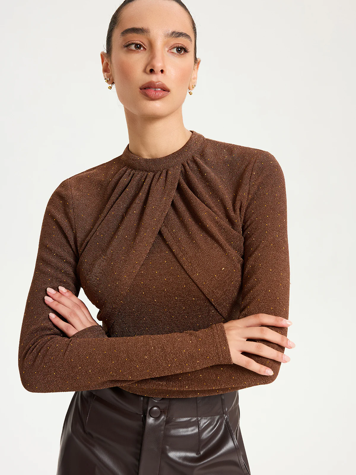 Draped Cross-Front Glitter Knit Top - Wholesalesil