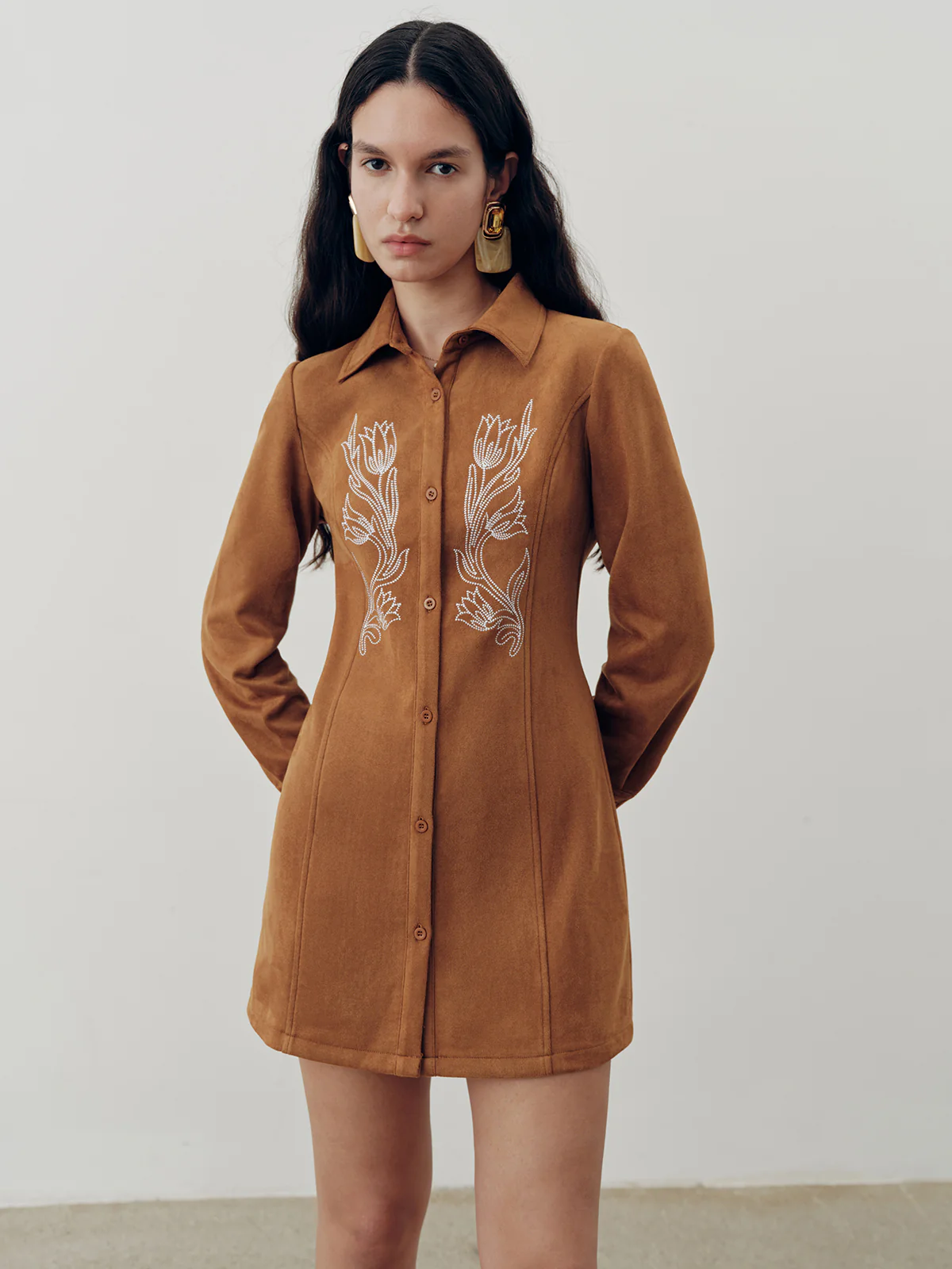 Suede Effect Floral Embroidery Shirt Dress - Wholesalesil