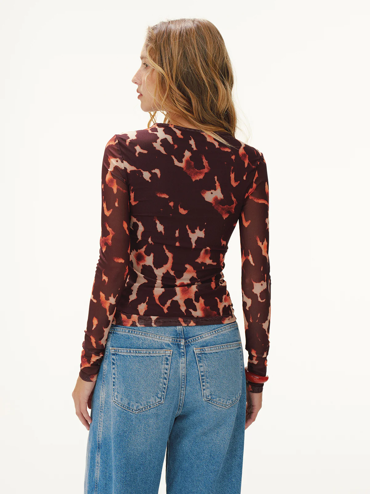 Leopard Print Mesh Fitted Long-Sleeve Top - Wholesalesil