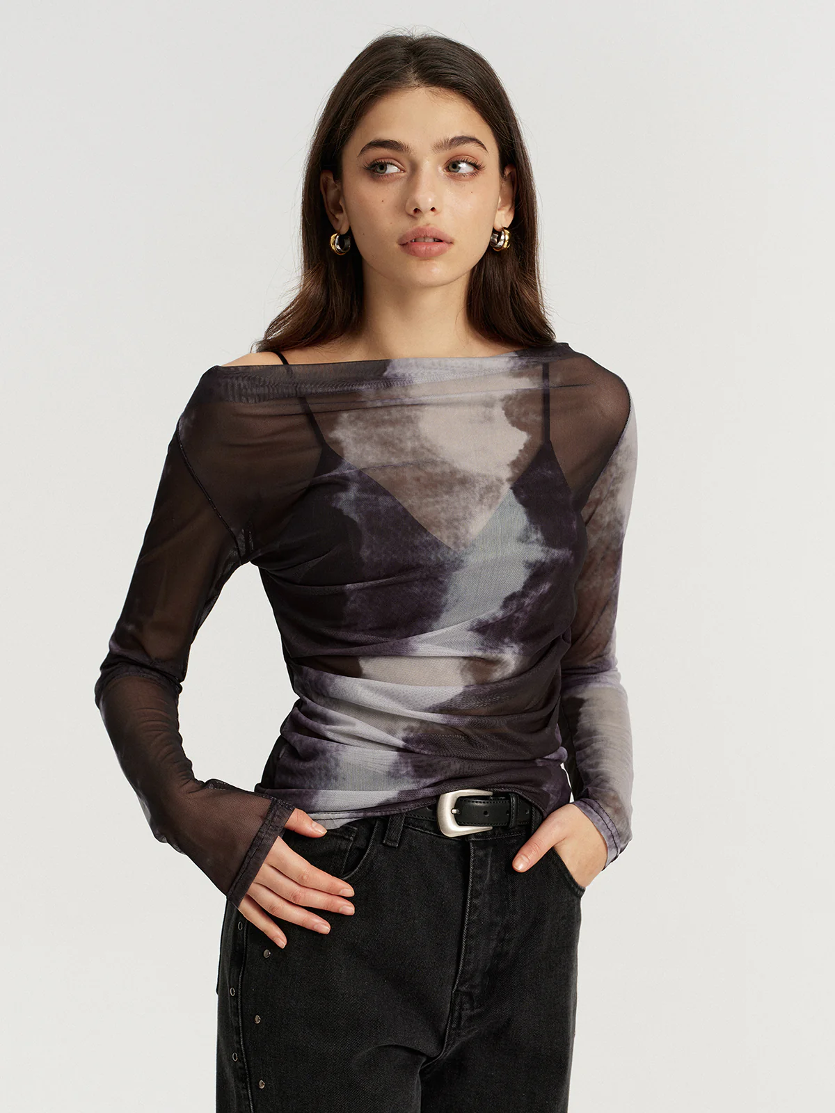 Mesh Tie-Dye Off-Shoulder Long Sleeve T-Shirt - Wholesalesil