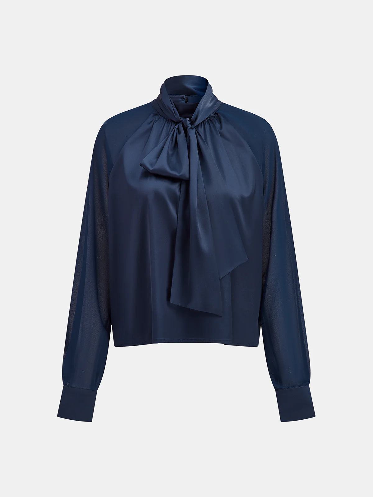 Long Sleeve Satin Tie-Neck Blouse - Wholesalesil