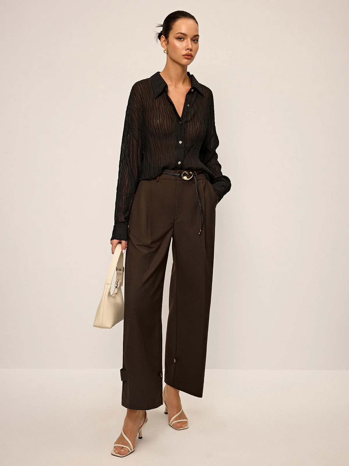 Pleated Wide-Leg Pants with Ankle Button Detail - Wholesalesil