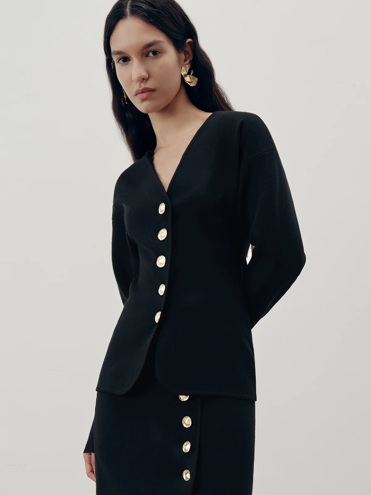 Metal Button V-Neck Cardigan - Wholesalesil