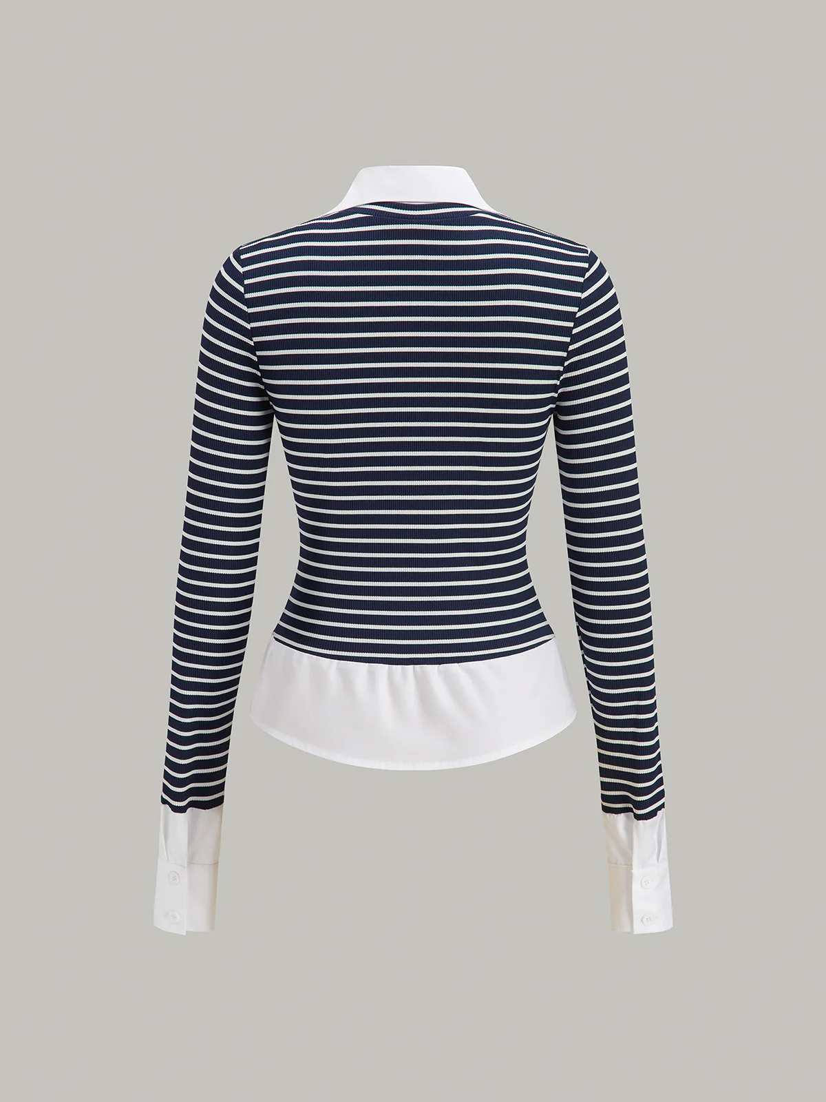 2 in 1 Striped Ribbed Paneled Long-Sleeve Blouse - Wholesalesil