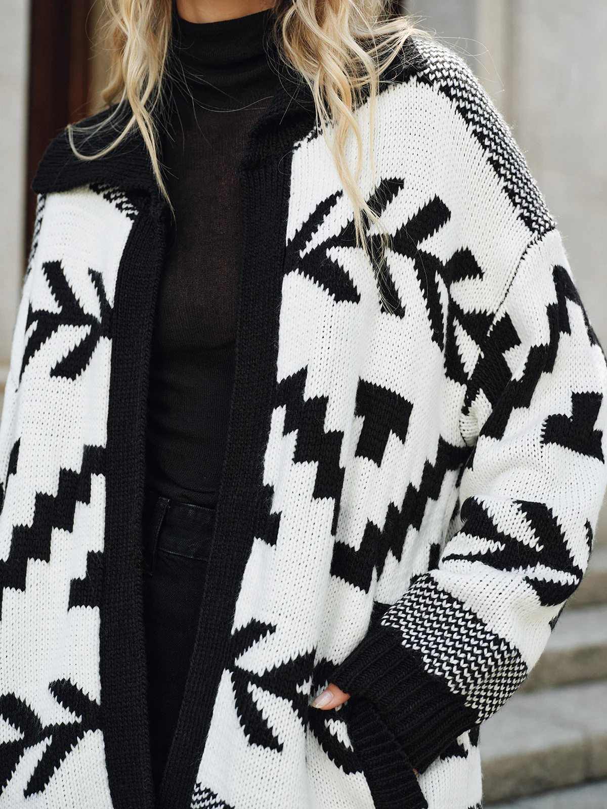 Geometric Pattern Collared Knit Cardigan without Belt - Wholesalesil