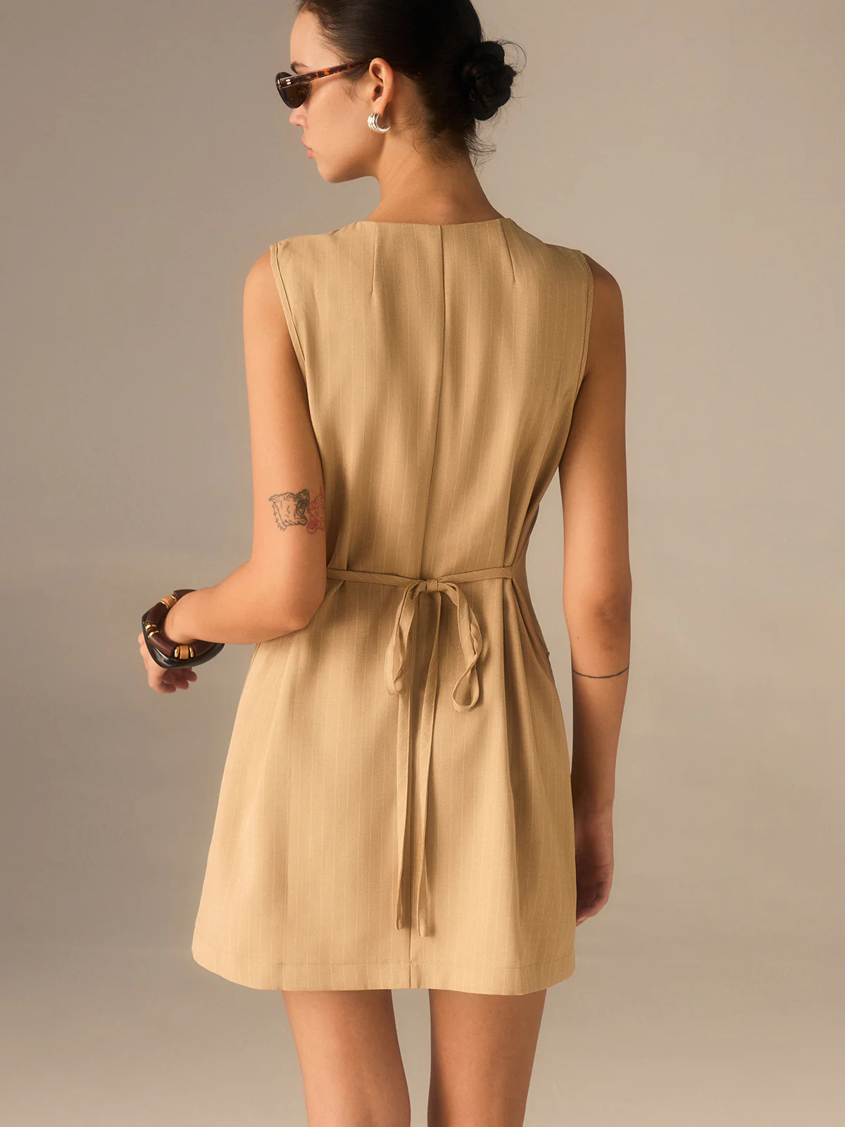 Cotton Blend Buttoned Dress with Pockets and Ties - Wholesalesil