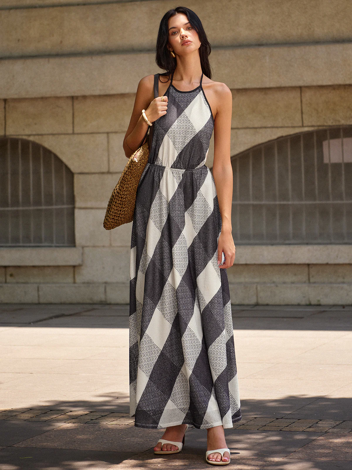 Checkered Halter Backless Maxi Dress - Wholesalesil