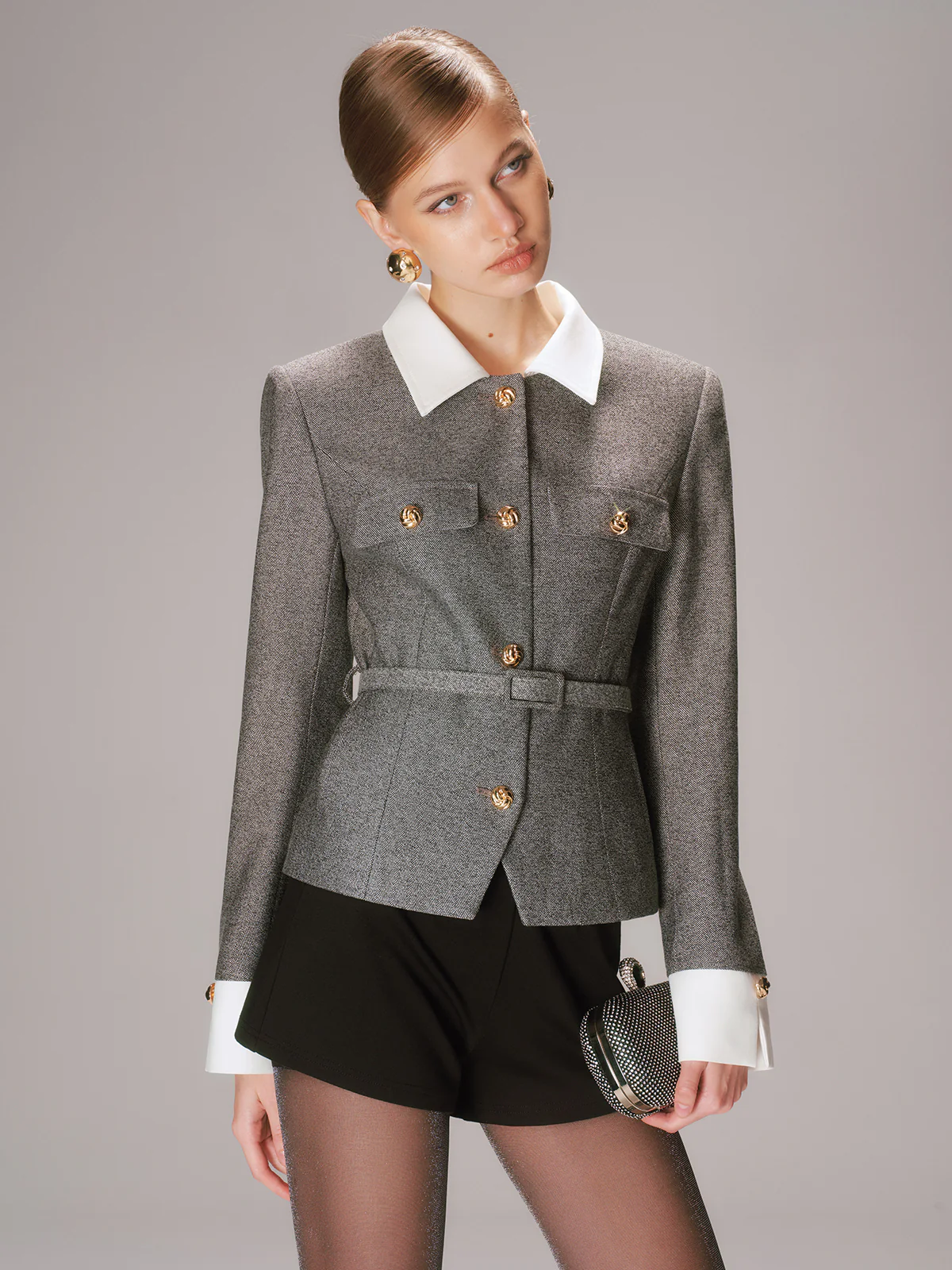 Belted Contrast Collar Tweed Blazer - Wholesalesil