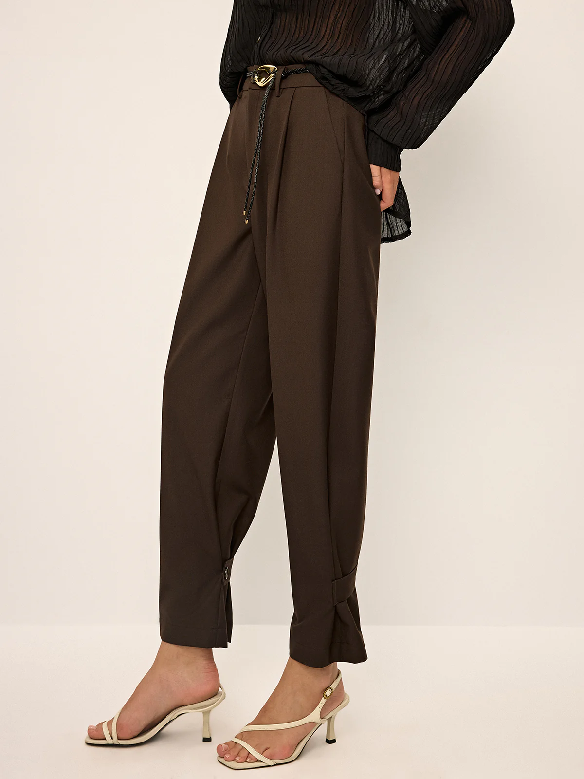 Pleated Wide-Leg Pants with Ankle Button Detail - Wholesalesil