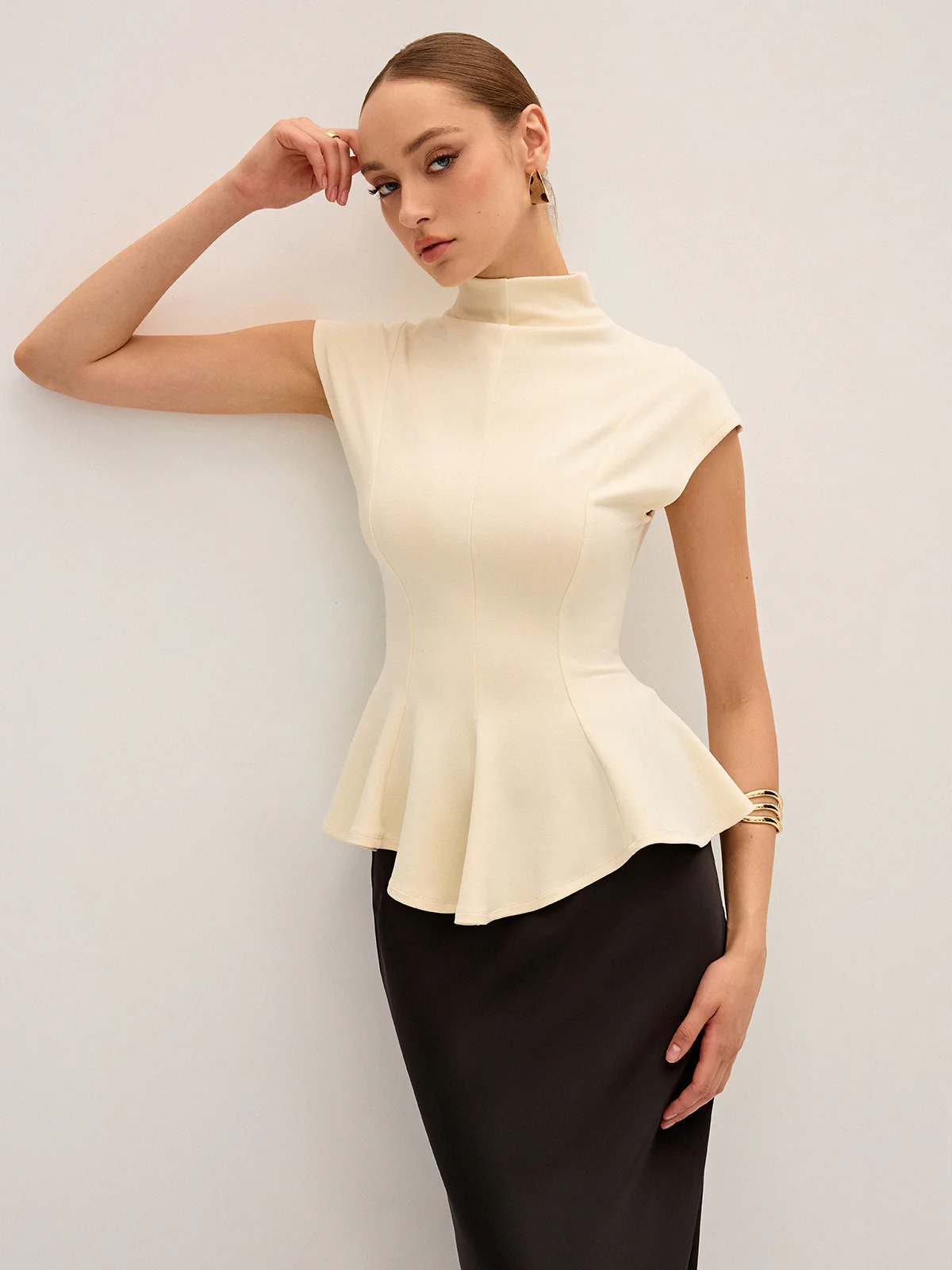 Mock Neck Cap Sleeve Peplum Top - Wholesalesil
