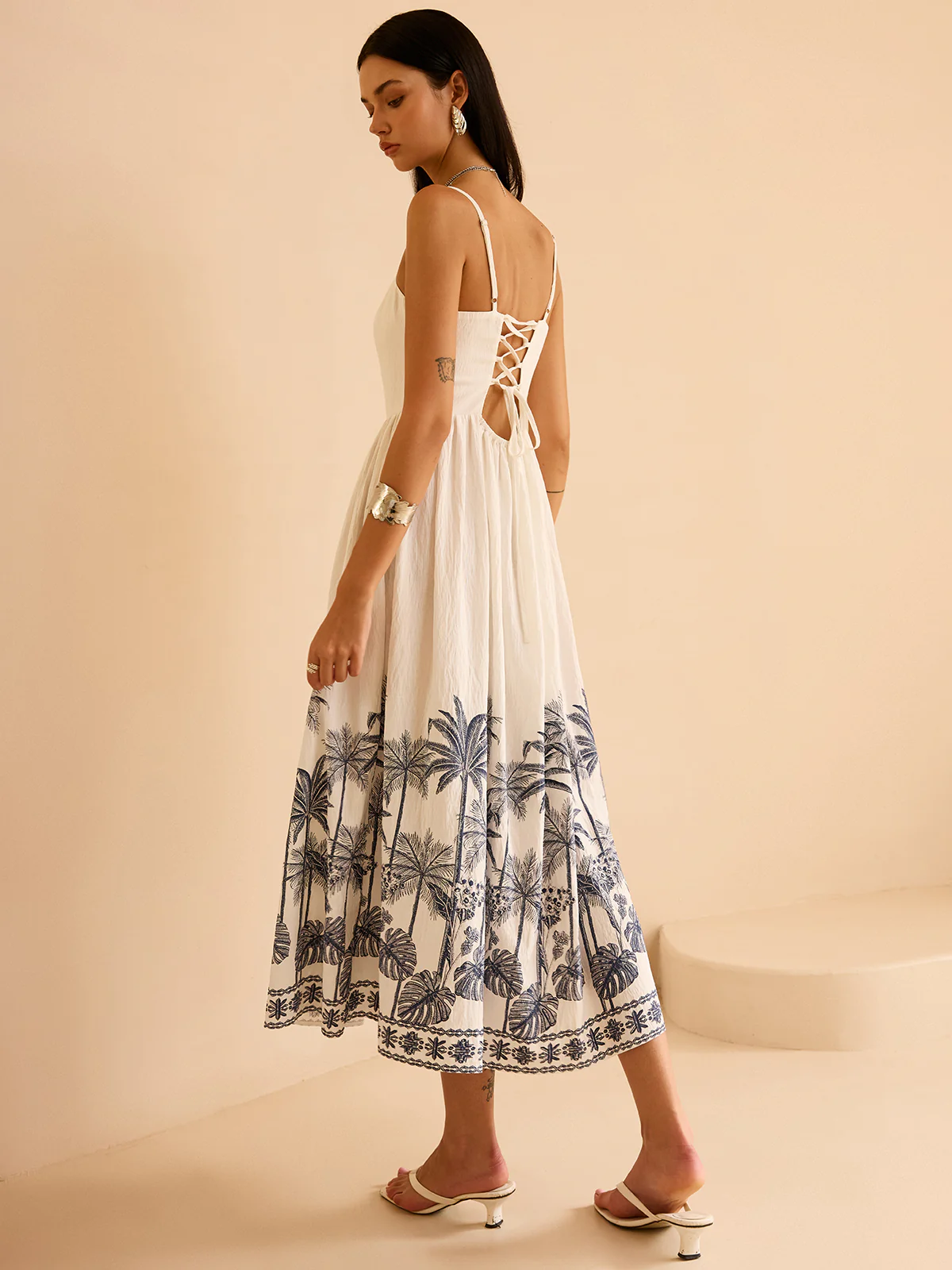 Semi-Sheer Tropical Palm Print Tie-Back Maxi Dress - Wholesalesil