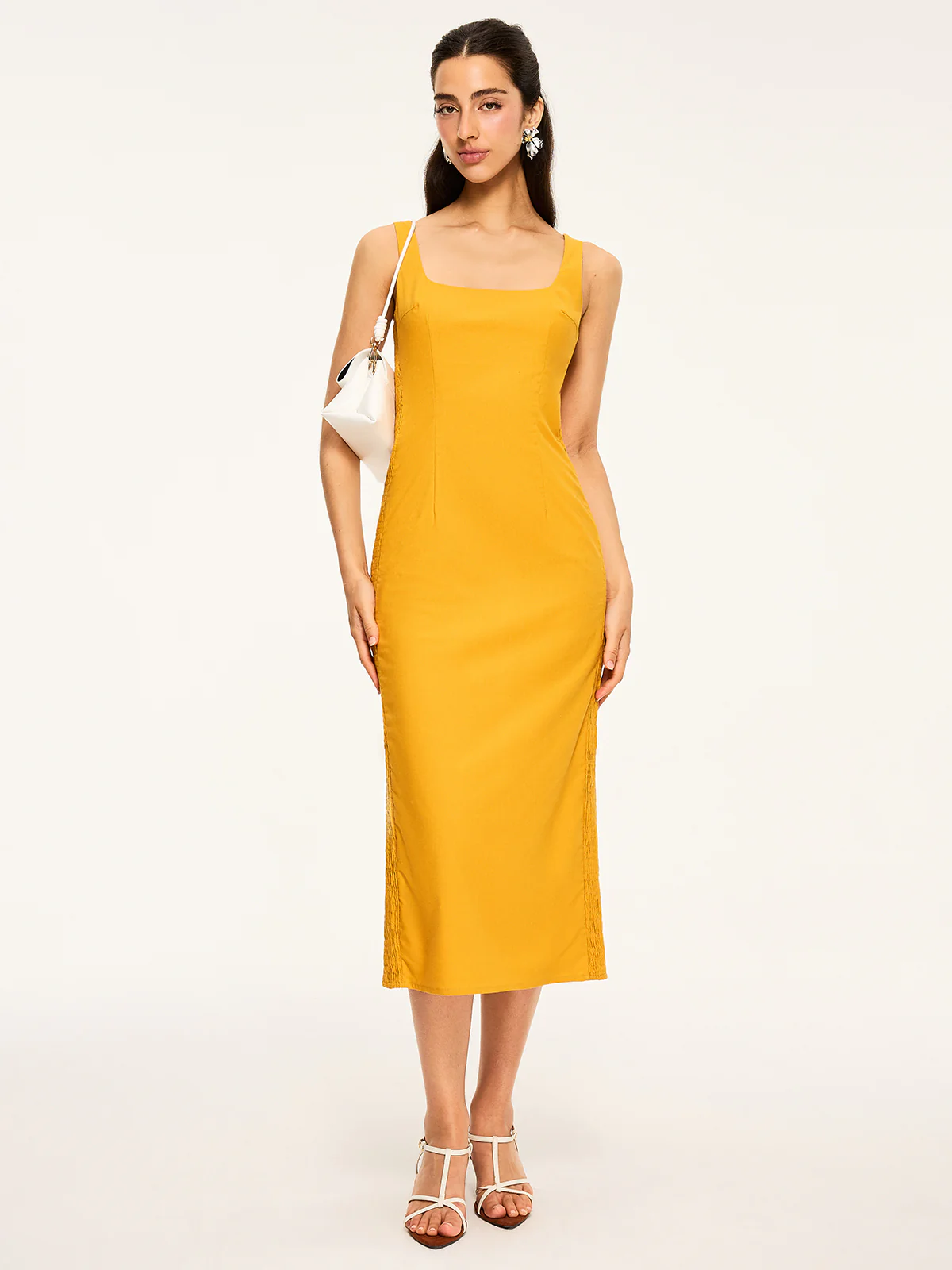 Cotton & Linen Shirred Midi Dress - Wholesalesil