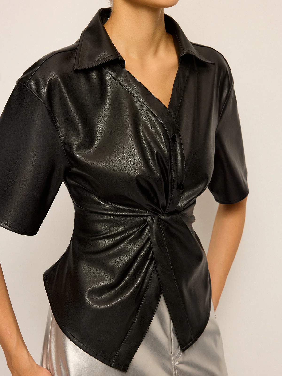 PU Leather Short Sleeve Twisted Blouse - Wholesalesil