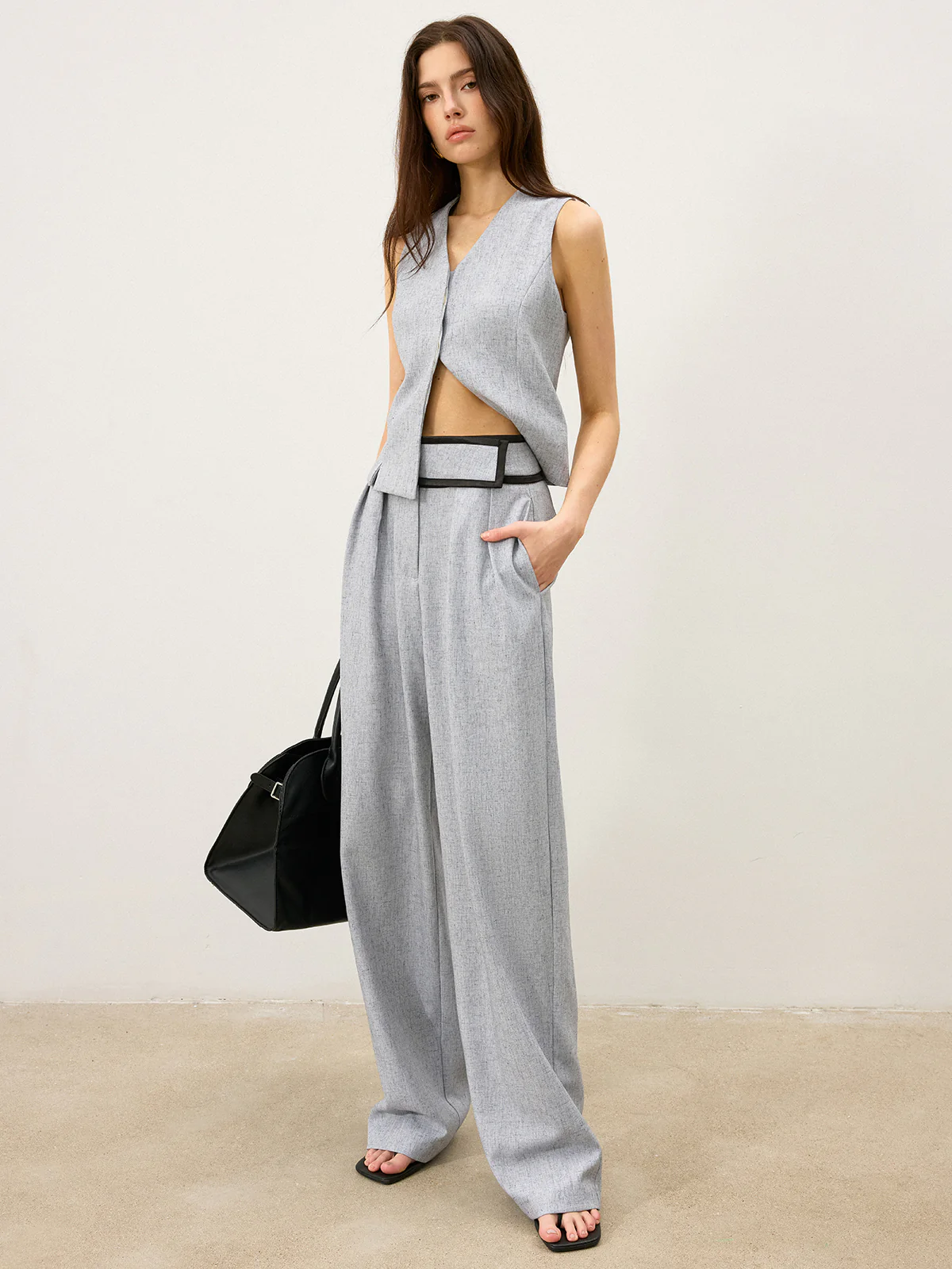 Contrast Waistband Wide - Leg Pants - Wholesalesil