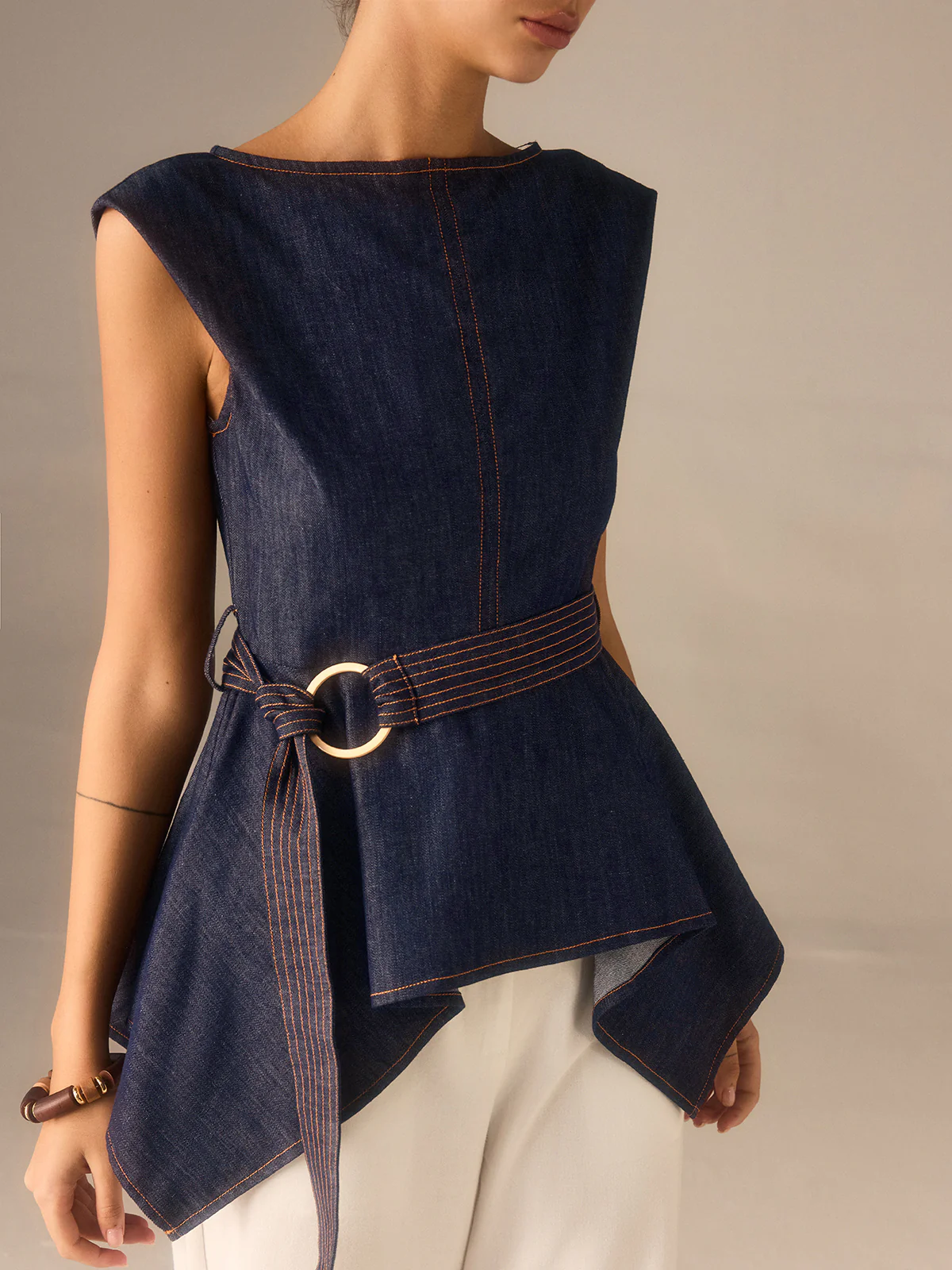 Denim Peplum Belted Top with Asymmetric Hem - Wholesalesil