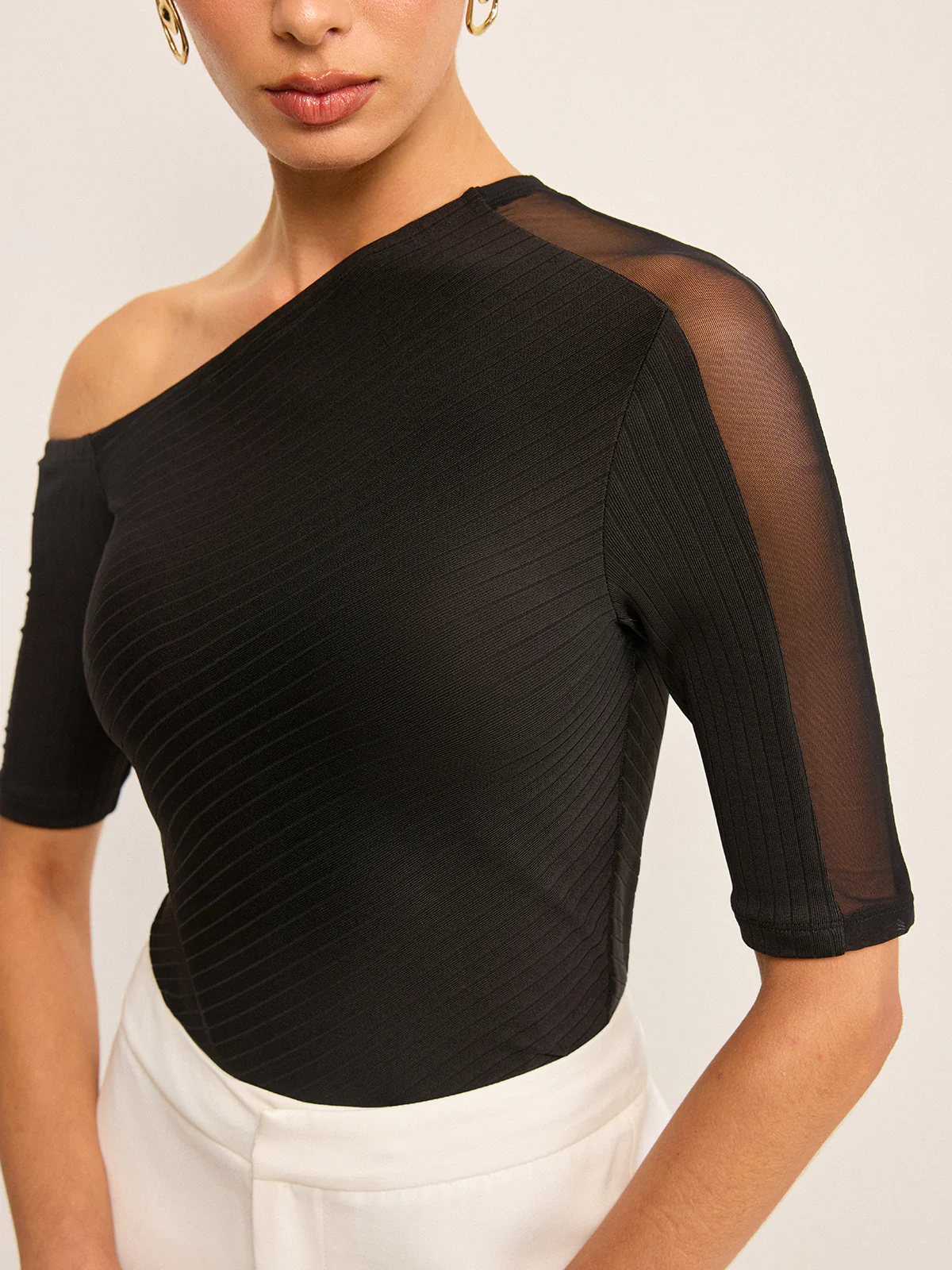Semi-Sheer One-Shoulder Top with Mesh Sleeve - Wholesalesil