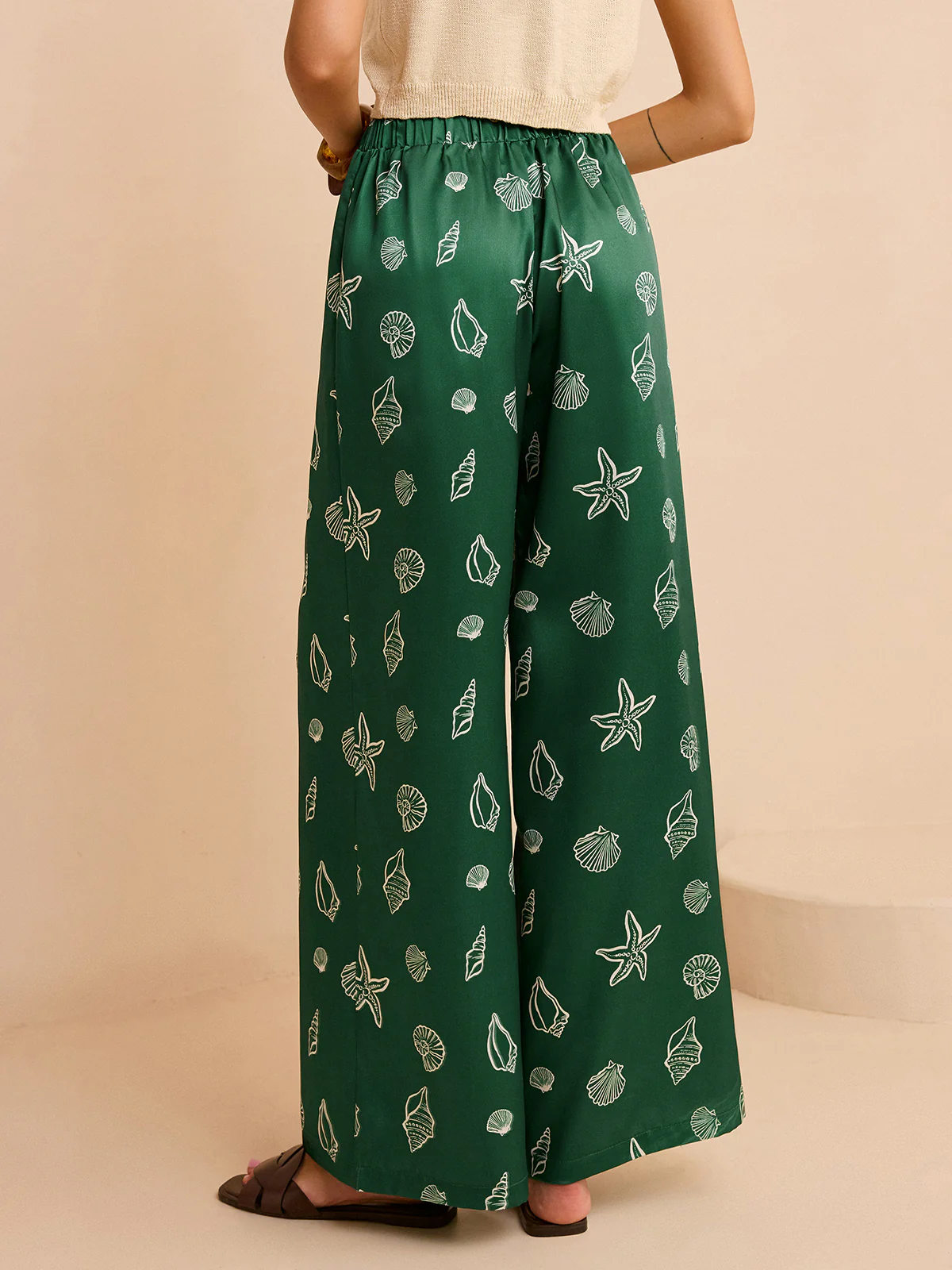 Oversized Mid-Waist Pants with Seashell and Starfish Prints - Wholesalesil