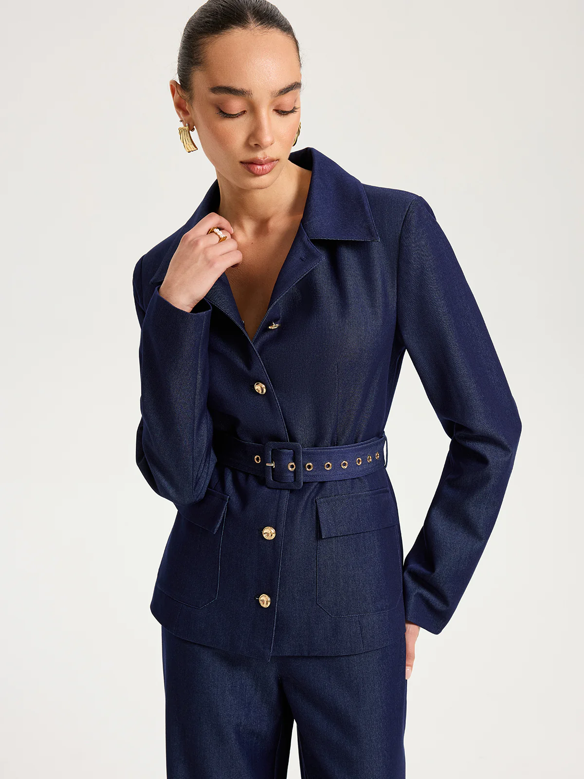 Belted Metal Button Faux Denim Blazer - Wholesalesil